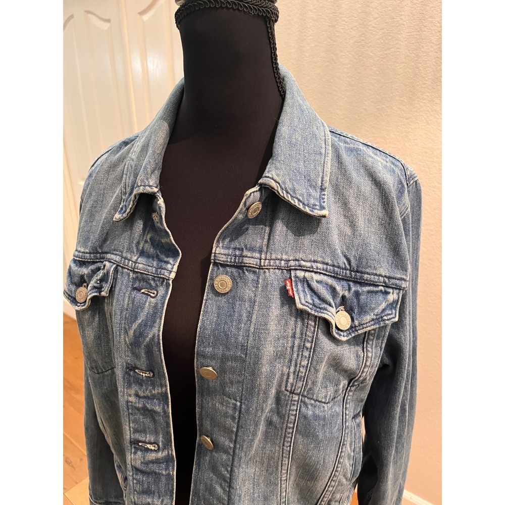 Cropped Denim Trucker Jacket Womens XL Medium Wash Jean Coat Levis Short Waist